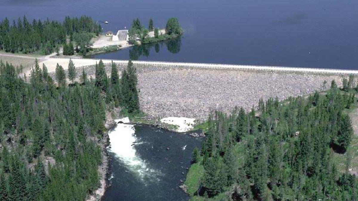 Island Park Dam and the reservoir from the air