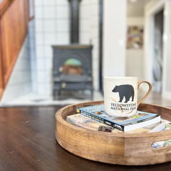 Enjoy your cup of coffee in front of the fireplace.