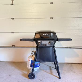 Propane grill in the garage