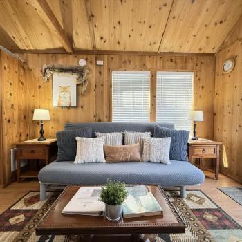 You are greeted by the living room with lots of open space and a Futon for more guests.