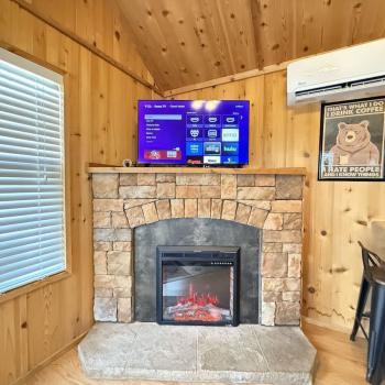 Television and fireplace in the living room.