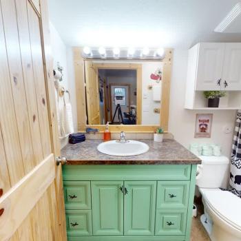 Shared bathroom with a sink vanity, standing shower combo, and a toilet.