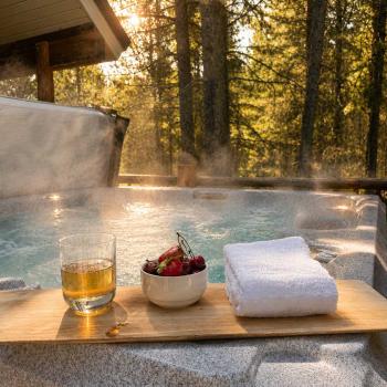Relax in the hot tub on a misty rainy day.