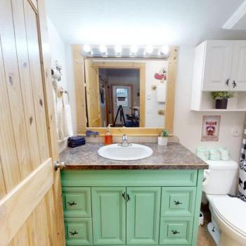 Shared bathroom with a sink vanity, standing shower combo, and a toilet.