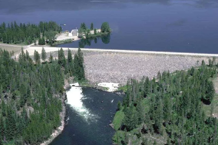 Island Park Dam and the reservoir from the air