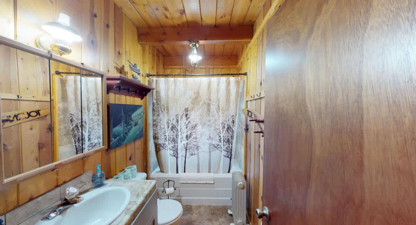Bathroom located on the main floor with standing tub shower combo, toilet, and sink.