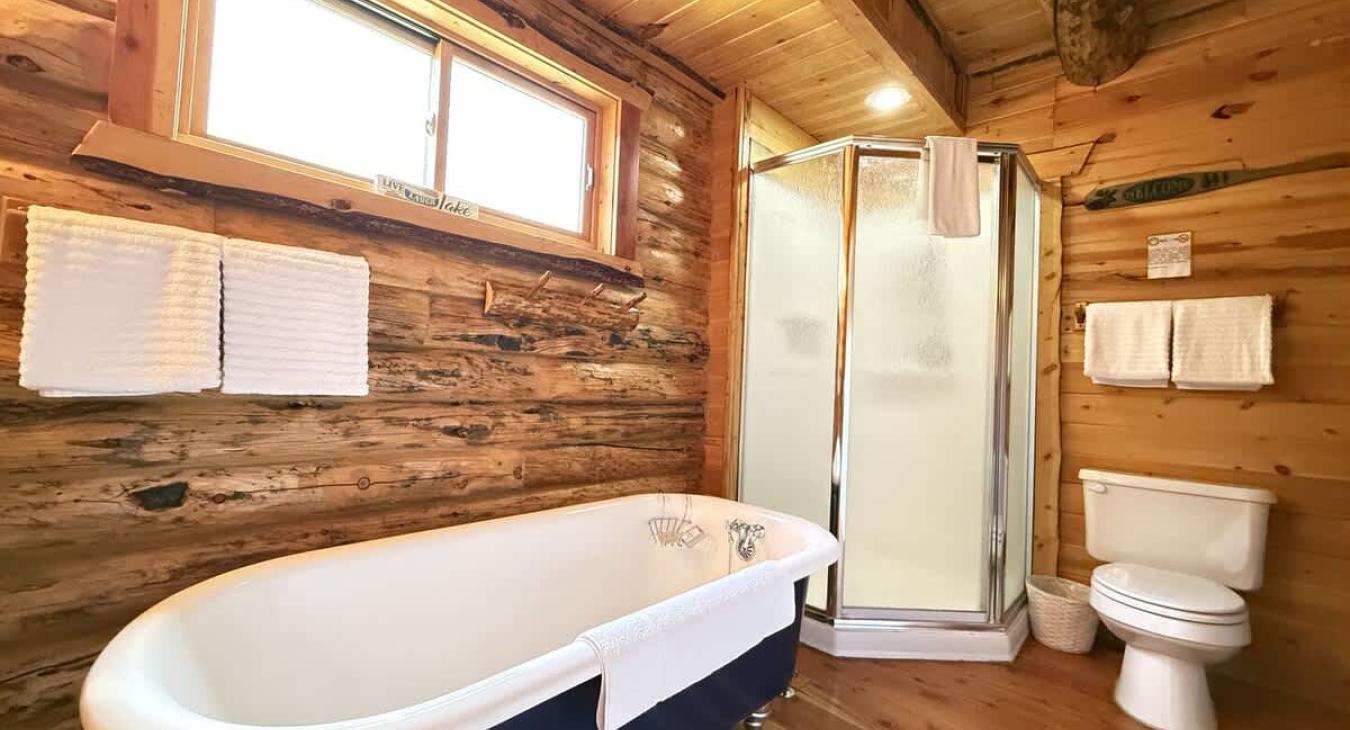 Main level bathroom with standing shower, tub, toilet, and sink.