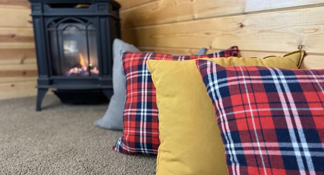 Relax by the fire in the cozy living room.