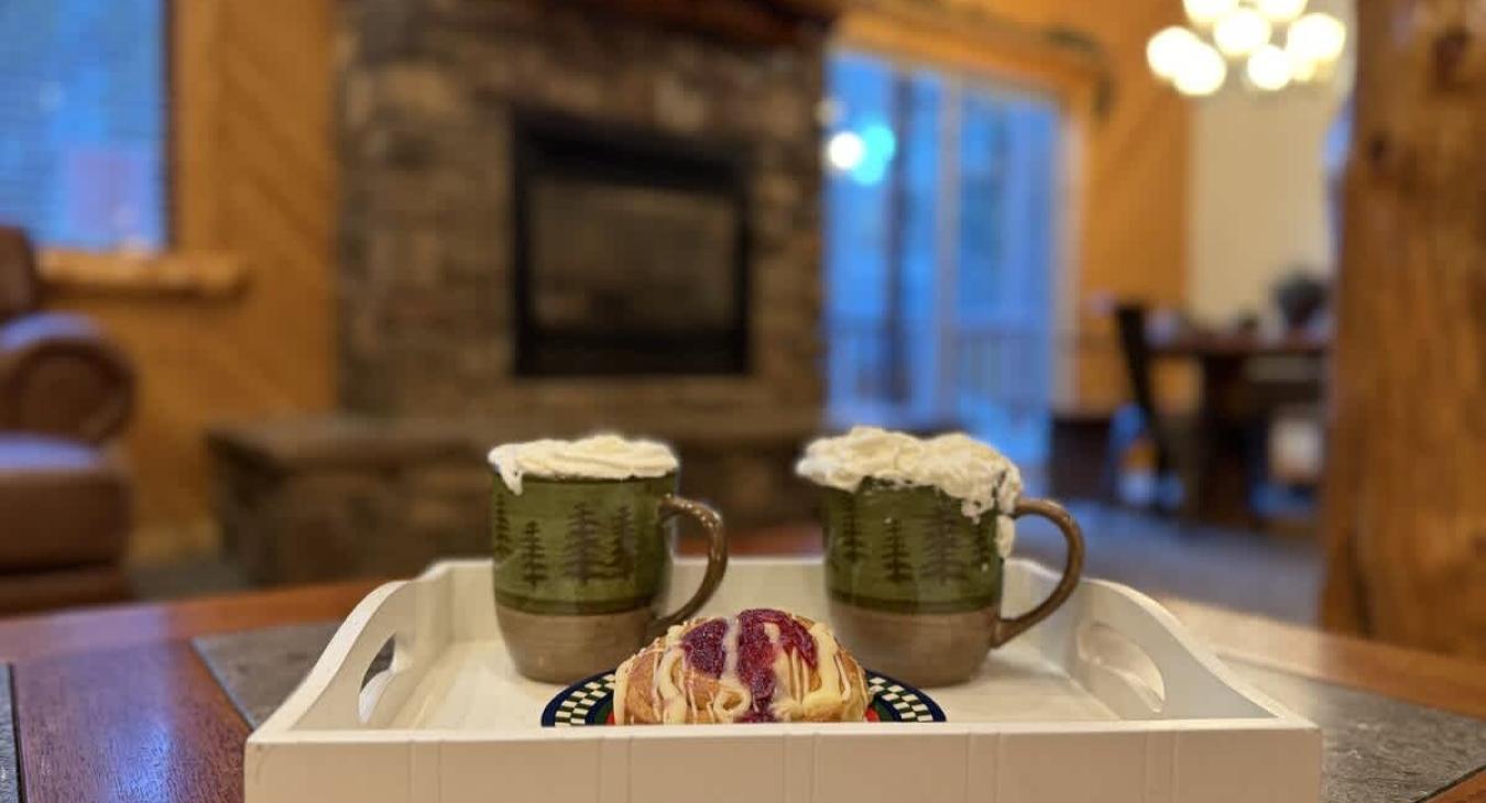Relax by the fireplace with a warm cup of cocoa.