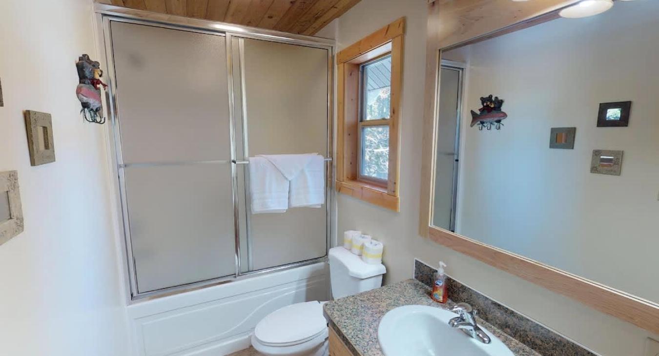 Ensuite bathroom with shower tub combo, toilet, and sink vanity.