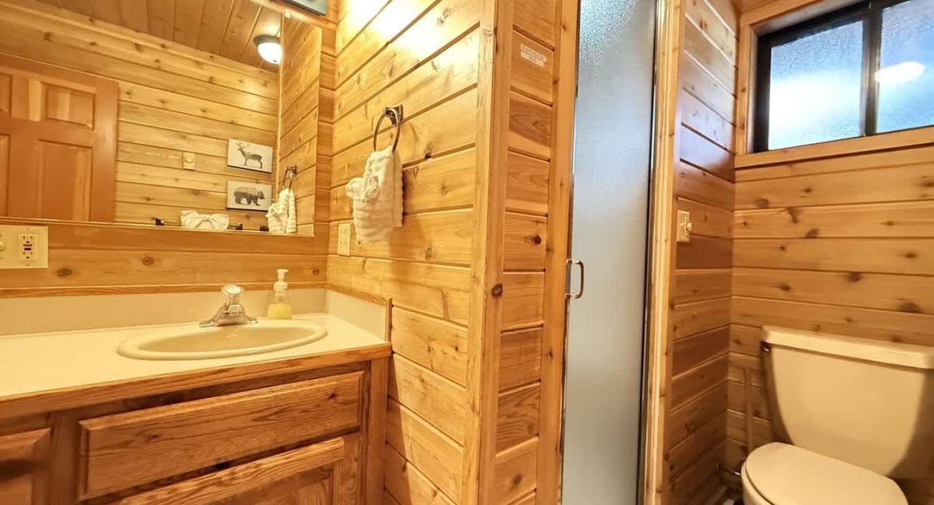 Full bathroom on main floor with sink, toilet, and standing shower.