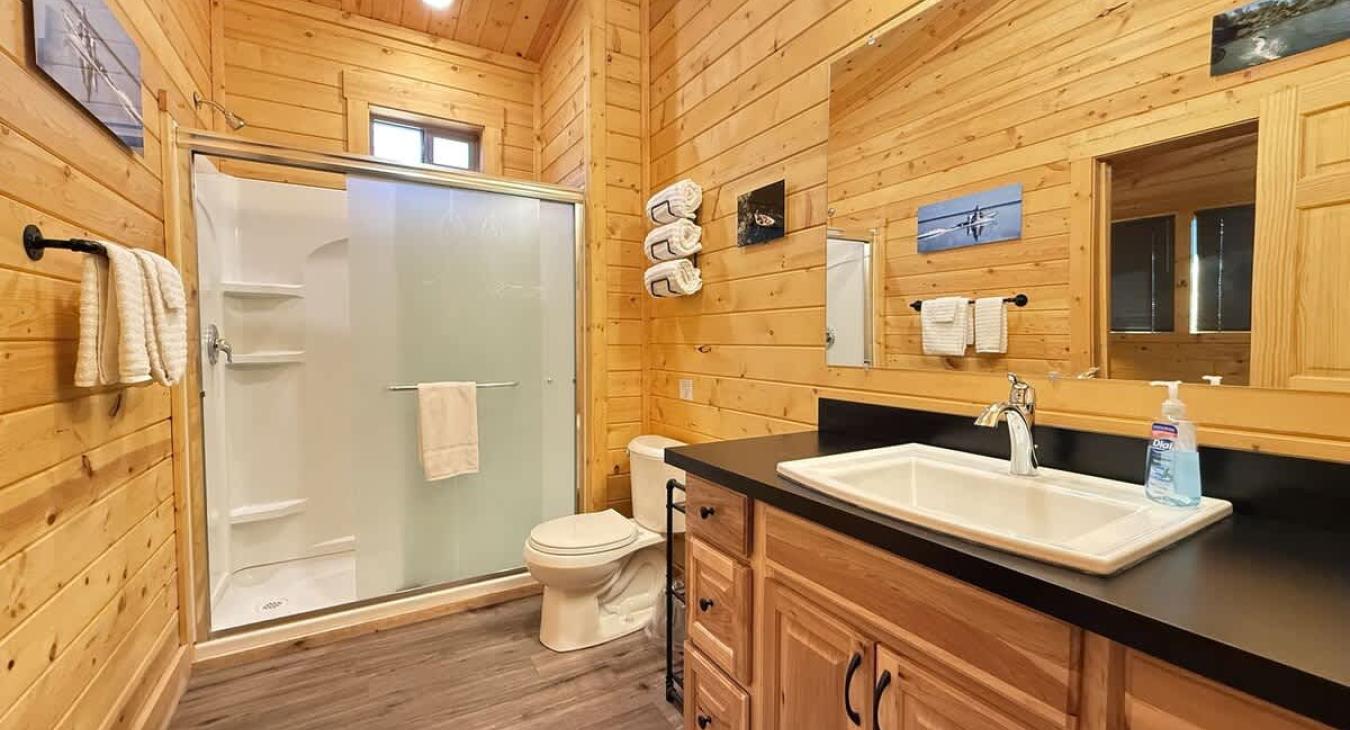 Ensuite/ shared bathroom with standing shower, toilet, and sink vanity.