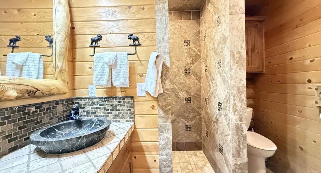 Bathroom is equipped with walk-in shower, toilet, and sink vanity. Fresh towels are provided during your stay.