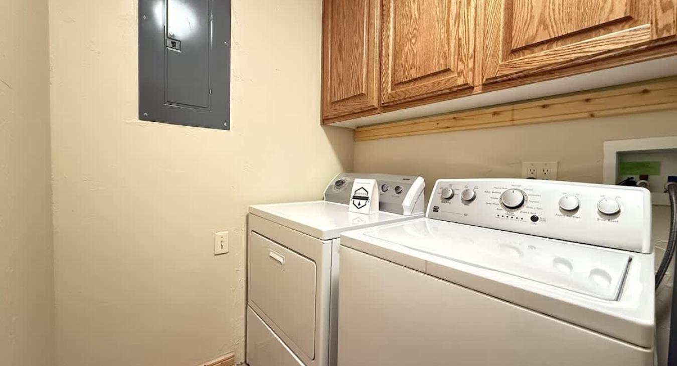 Laundry room with full size washer and dryer is provided. Laundry soap is also provided for you to use.