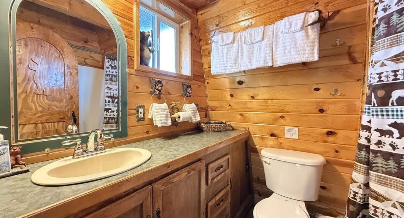 Main level full bathroom. View of the roomy countertop.