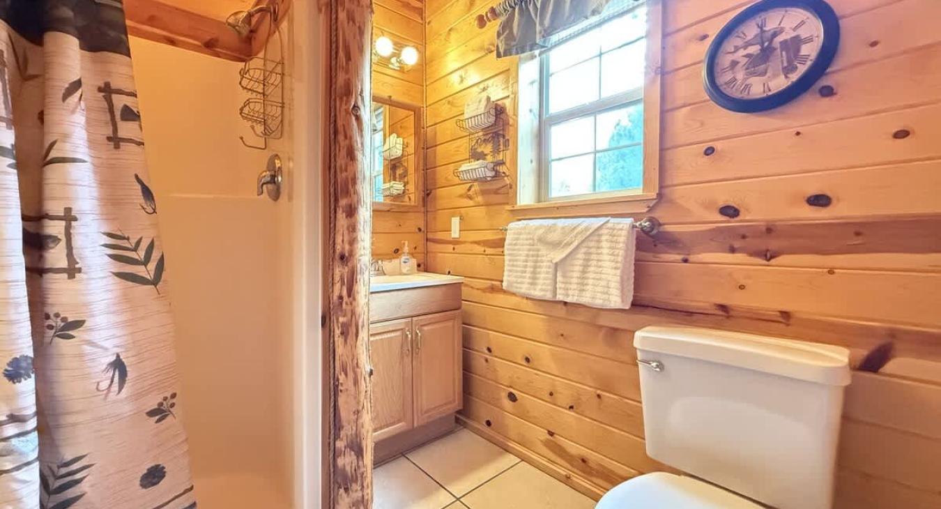 Upstairs bathroom with standing shower, toilet, and sink vanity.