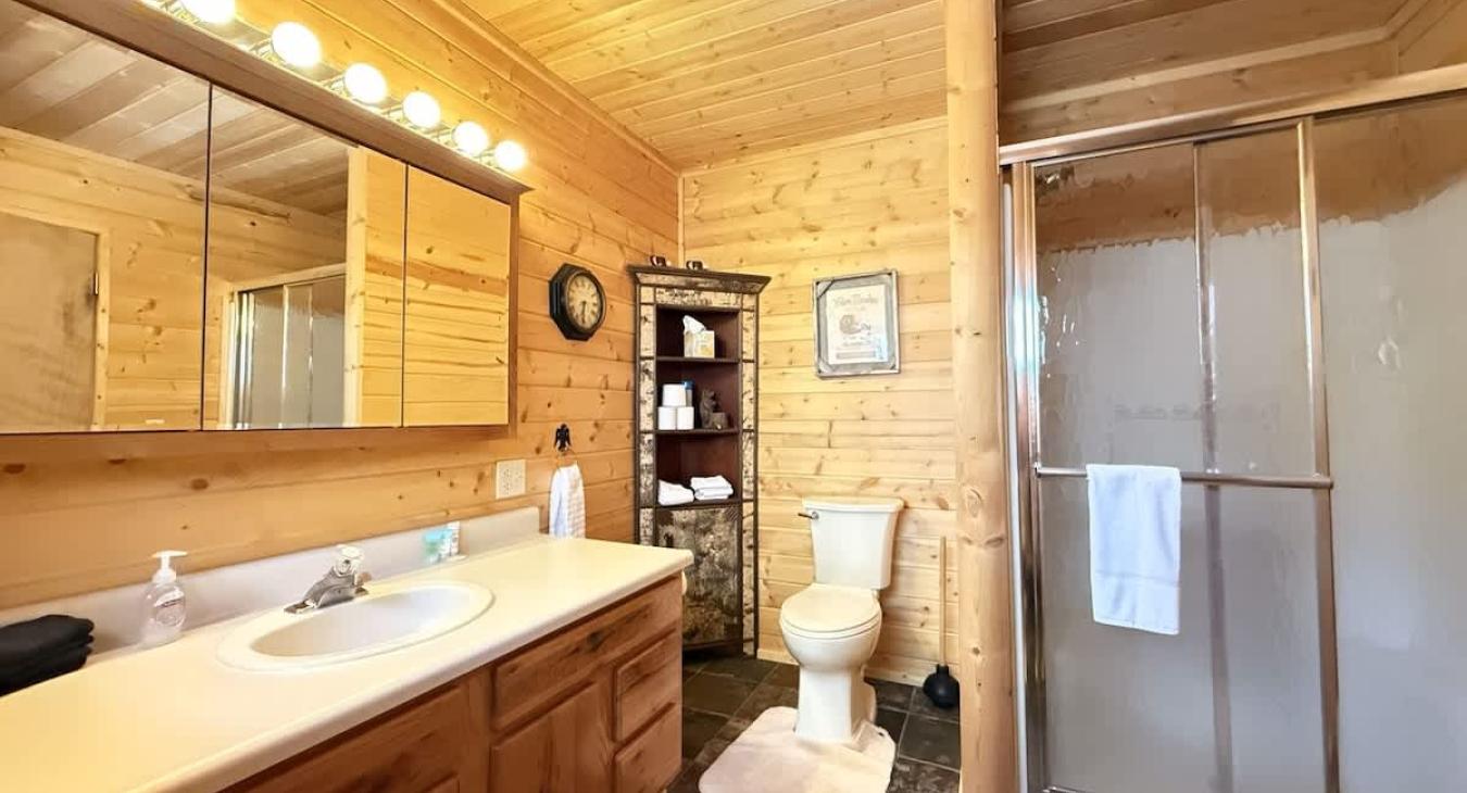 Master bathroom with a spacious countertop and walk in shower