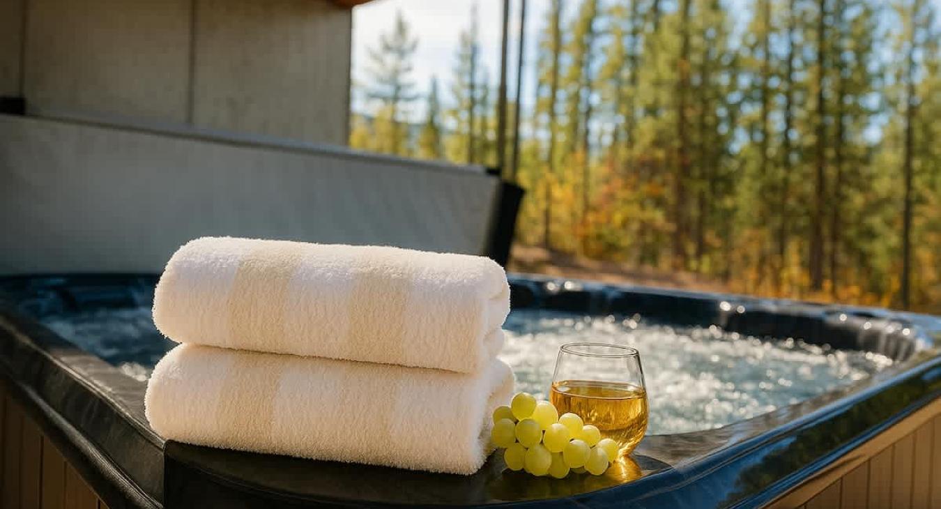 A hot tub is located outside, towels are provided.