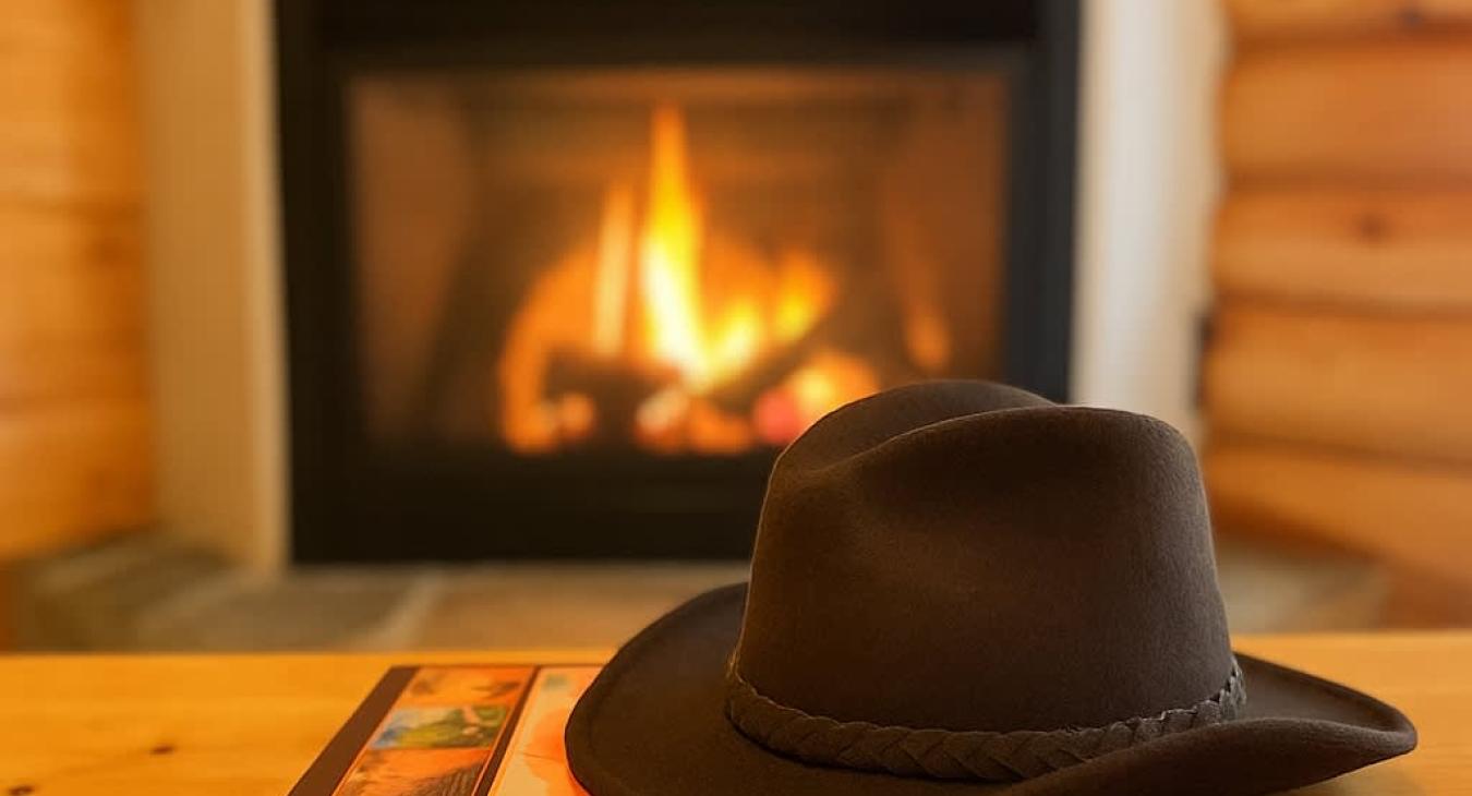 Relax while reading a book about Yellowstone National Park in front of the fireplace