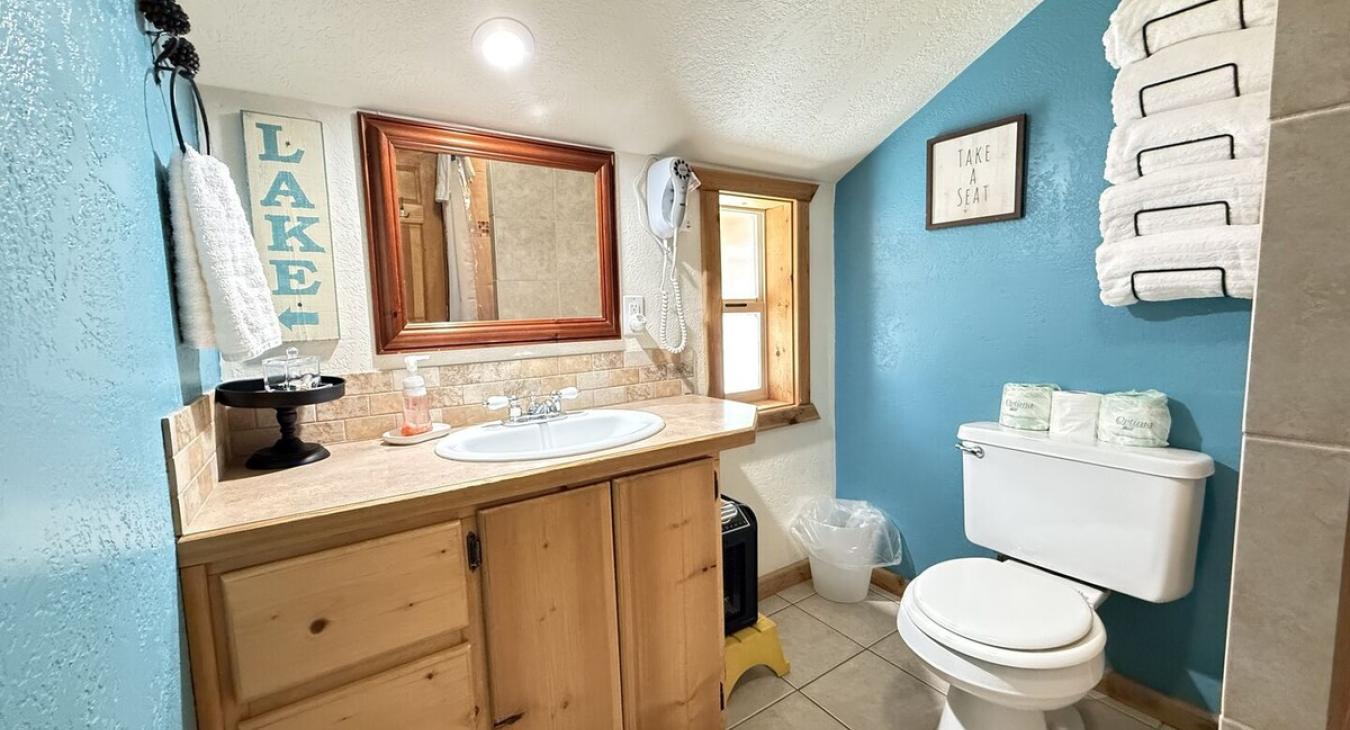 Upstairs bathroom with a full sink vanity, toilet, and standing shower.