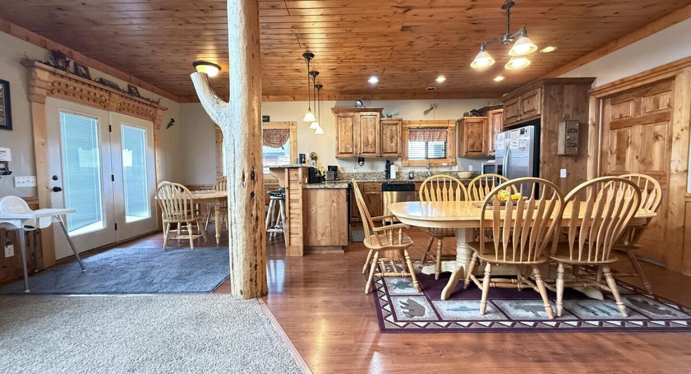 The kitchen flows right into the dining area.