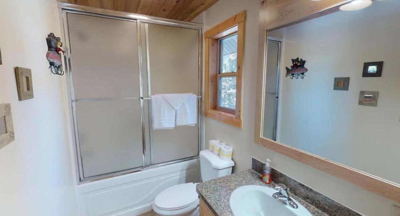 Ensuite bathroom with shower tub combo, toilet, and sink vanity.