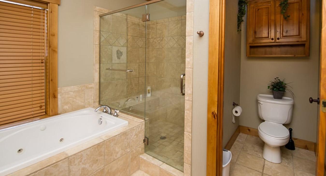 Main floor master bathroom with tub, standing shower, toilet, and sink vanity.