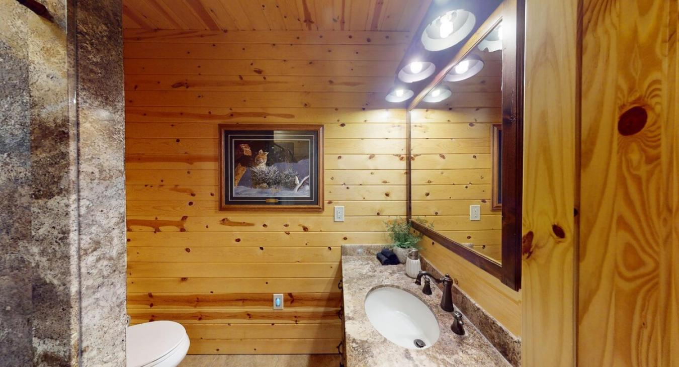 Downstairs there is a shared bathroom with large counter space, toilet, and a walk in shower.