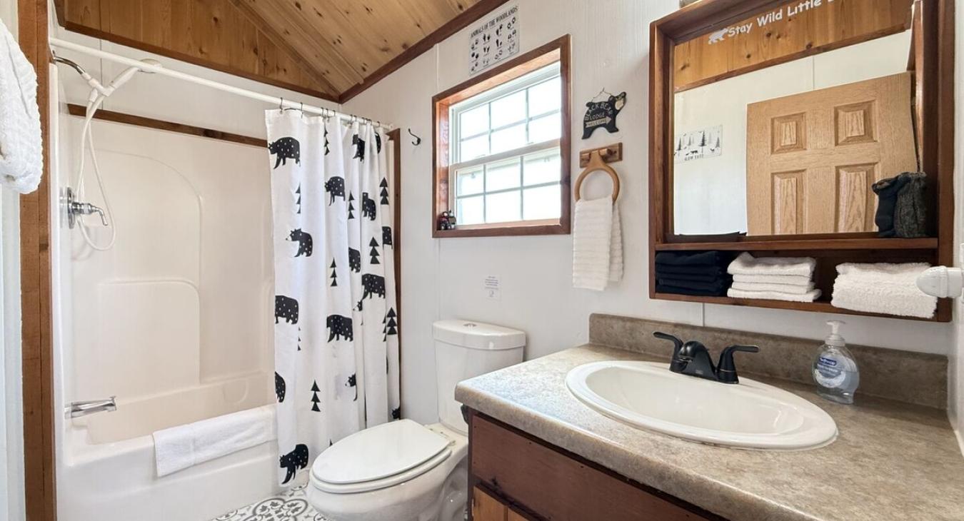 Full bathroom with shower tub combo, toilet, and sink vanity.