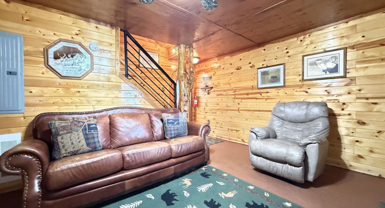 Basement living room area with sleeper sofa