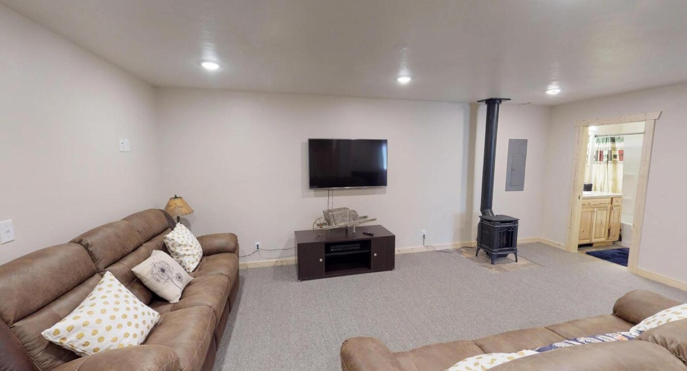 Couch and tv for entertainment.