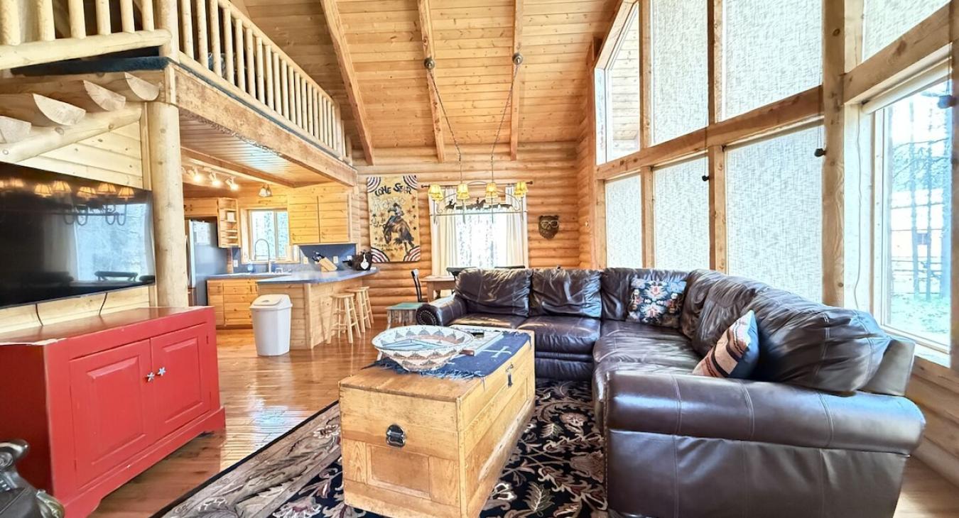 Upon entrance you are greeted by the living room and kitchen area. Put a natural looking fire with logs in this fire pit