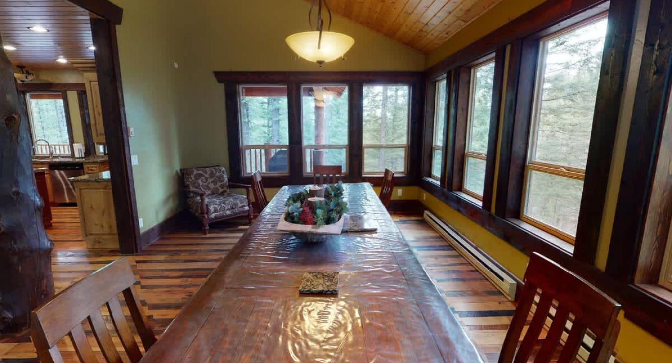This table seats up to 16 people with additional seating available at the kitchen island as well.