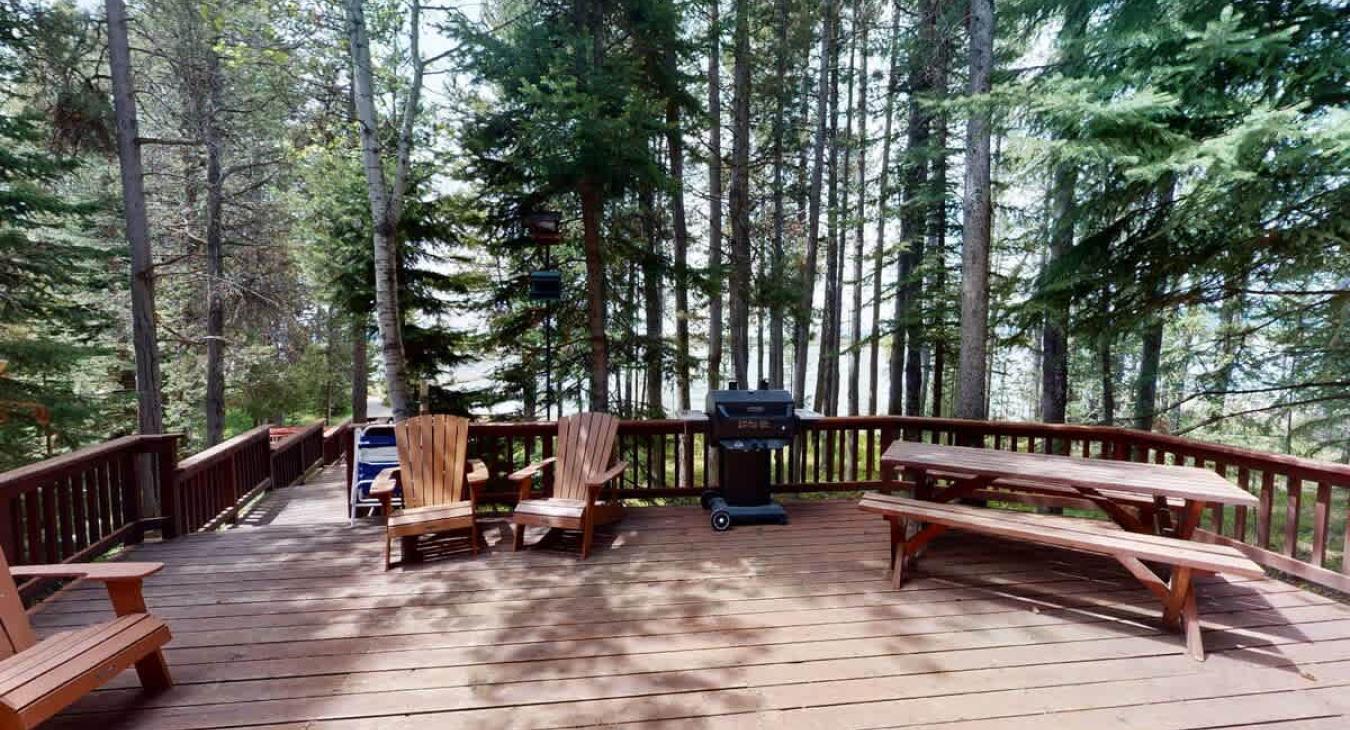 Back deck patio with seating, grill, and picnic table.