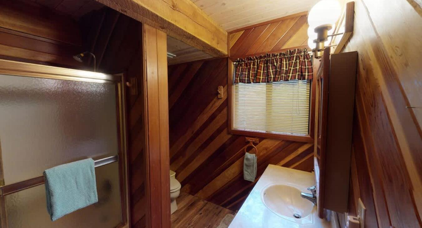 Main level bathroom #1 with shower/tub, toilet, and sink vanity.