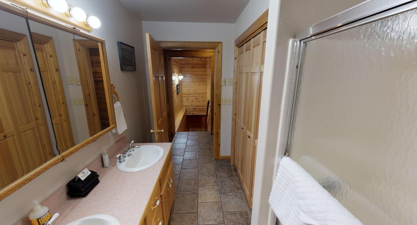 View from the bathroom looking towards the hallway.