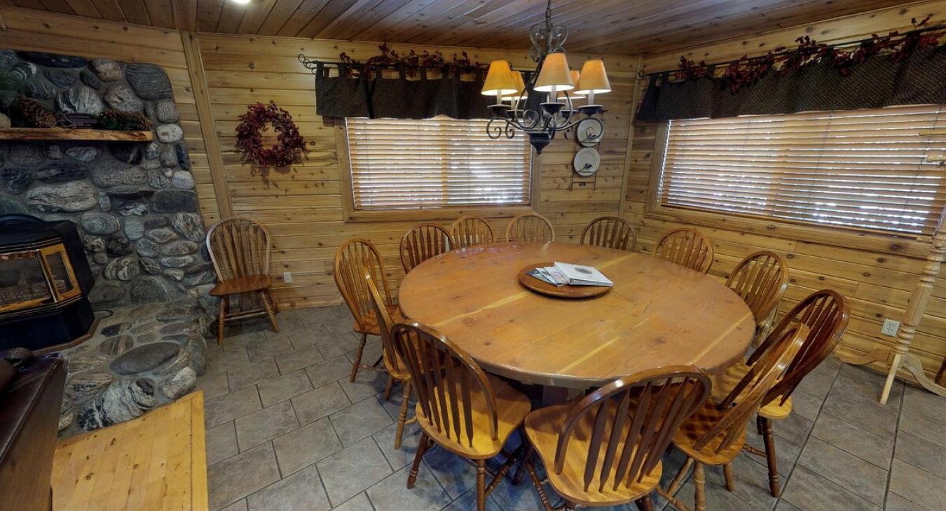 Dining room has adequate seating for large group gatherings.