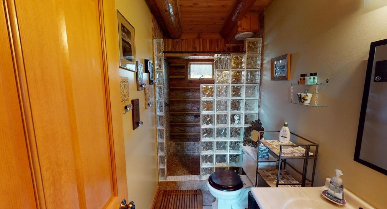 Bathroom #1 on the main floor with a standing shower, toilet, and sink vanity.