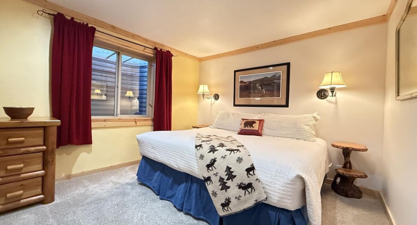 Large bedroom finished with a king size bed and end stand tables and dresser with a small closet.