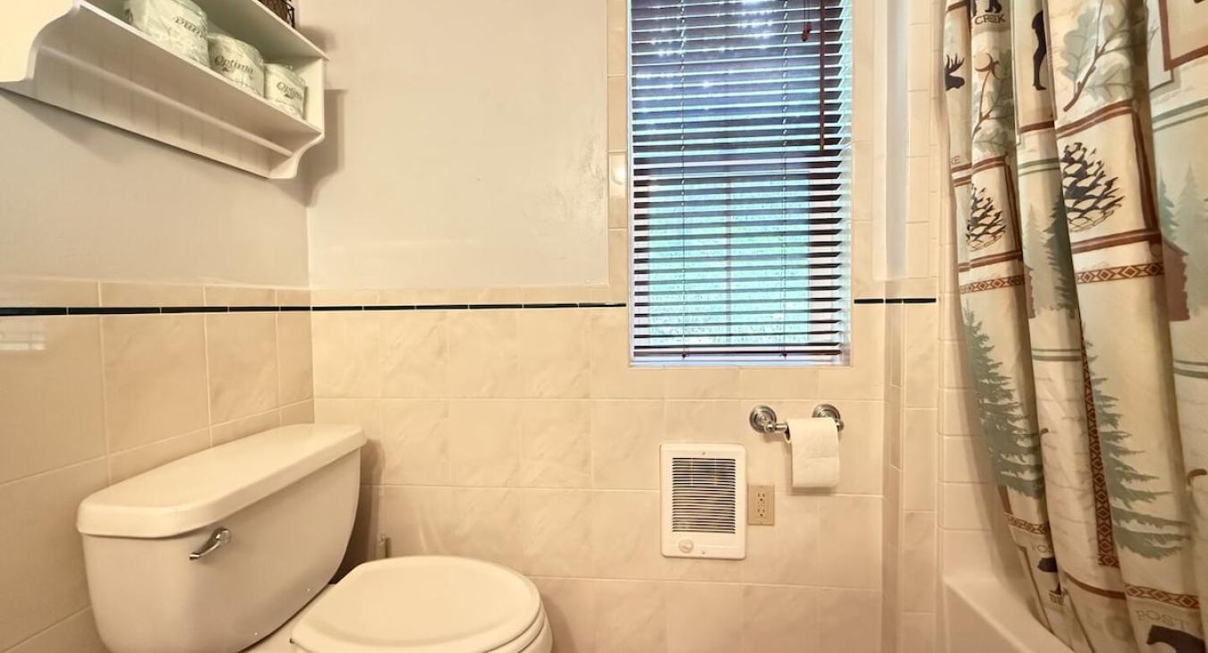 Full bathroom with shower tub combo, sink, toilet, and vanity storage. Towels are provided.