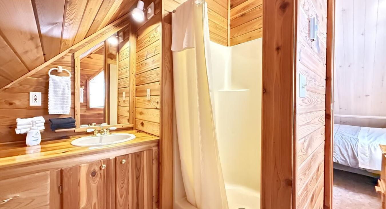 Bathroom with shower, sink vanity, and toilet.