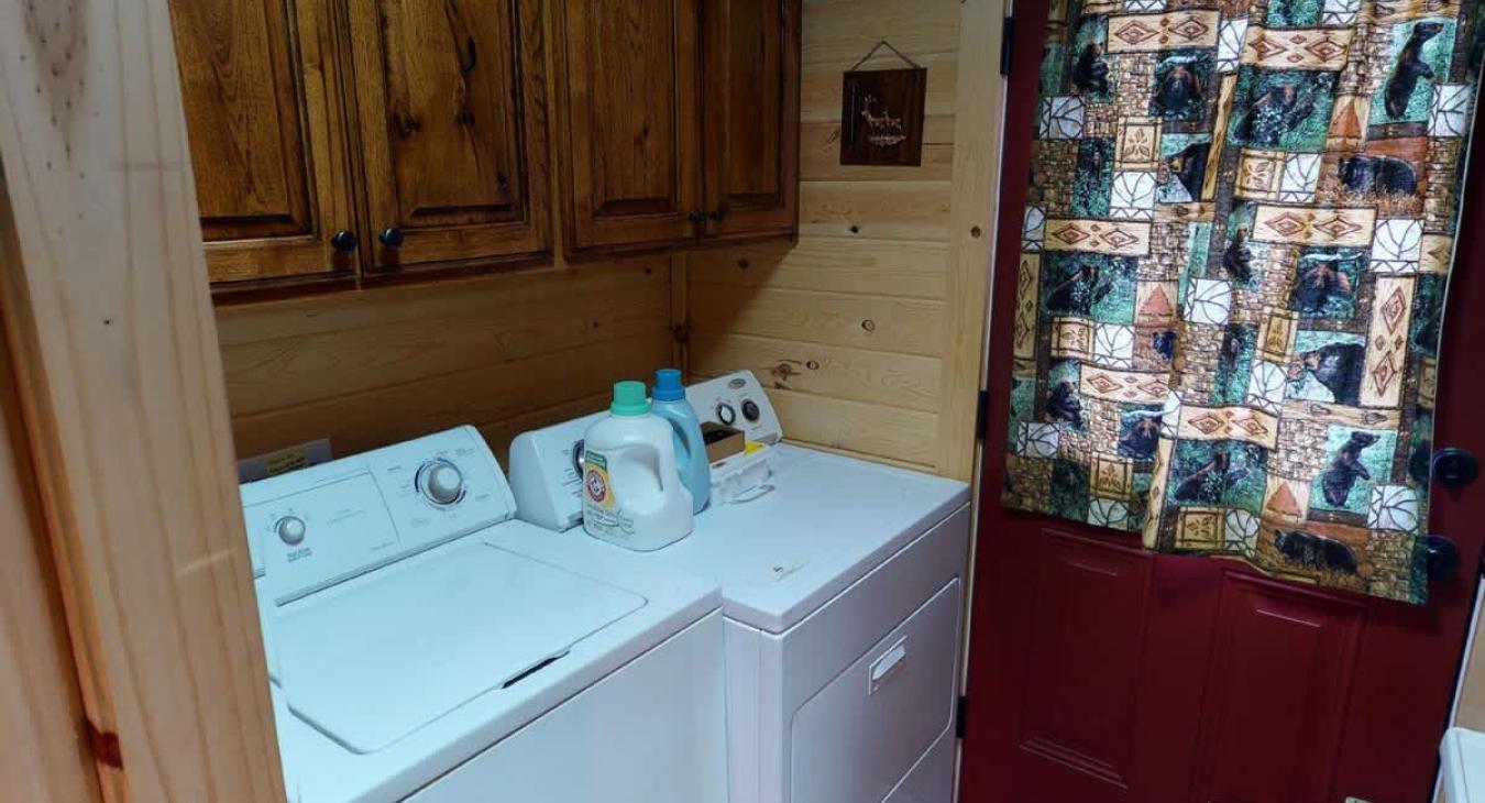 Full size washer and dryer with laundry soap provided.