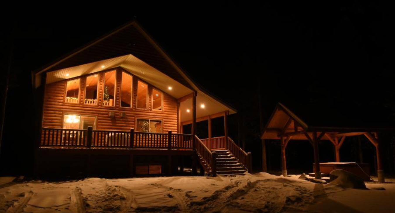 Huckleberry Lodge is beautiful at night.