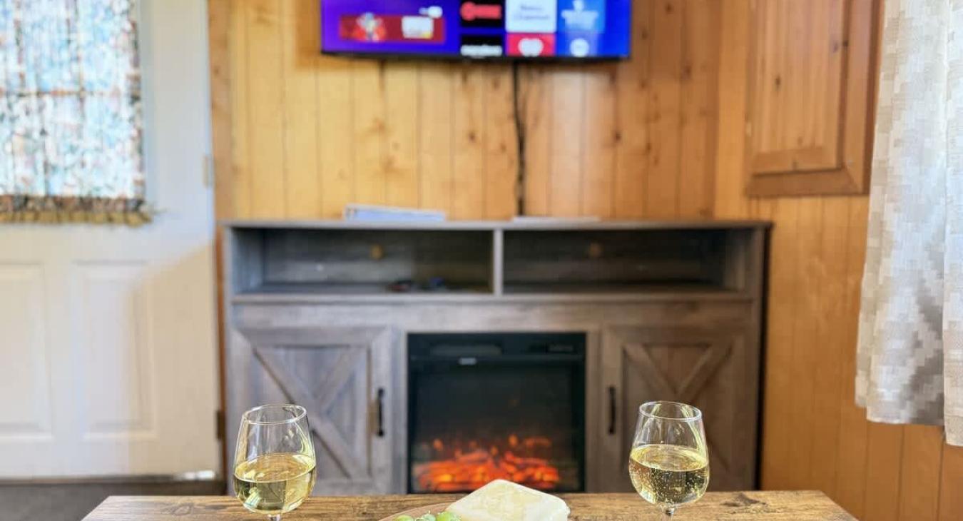 Although this place is small there is still room to cozy up on the couch and watch a movie.