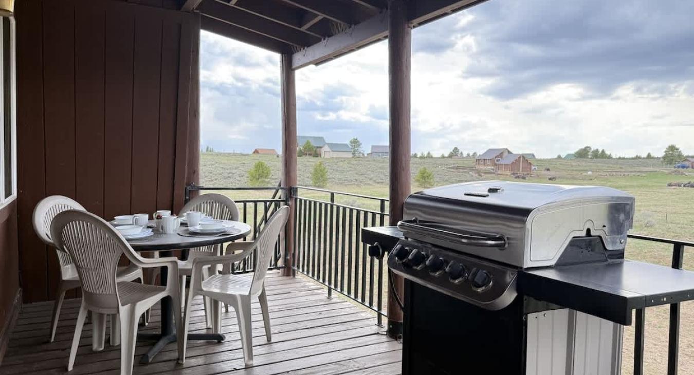 Grill and patio table on the back deck.