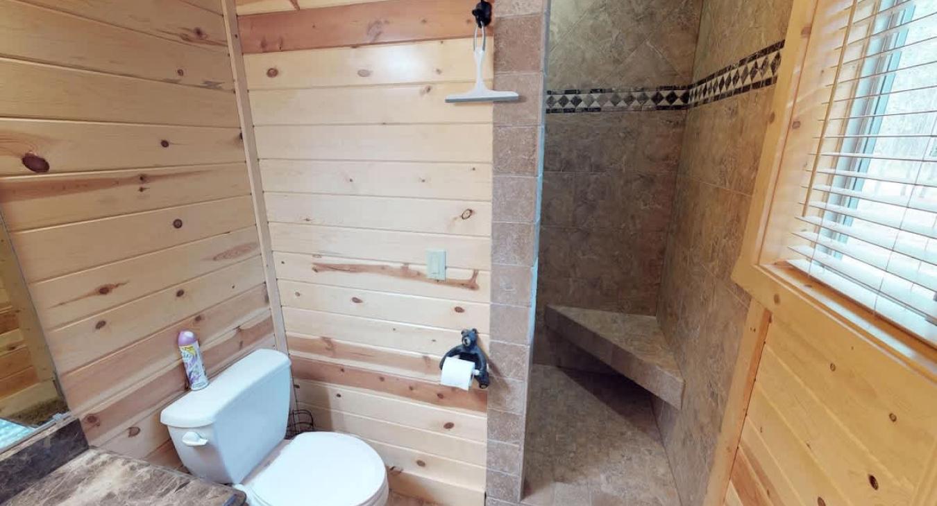 Full size bathroom with standing shower, toilet, and sink vanity.