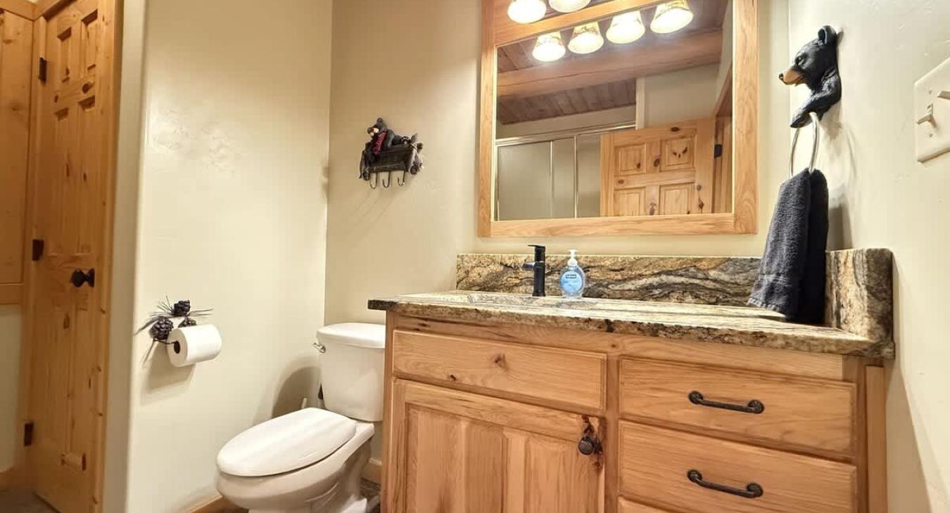 Main level shared bathroom equipped with shower tub combo, toilet, and sink vanity.