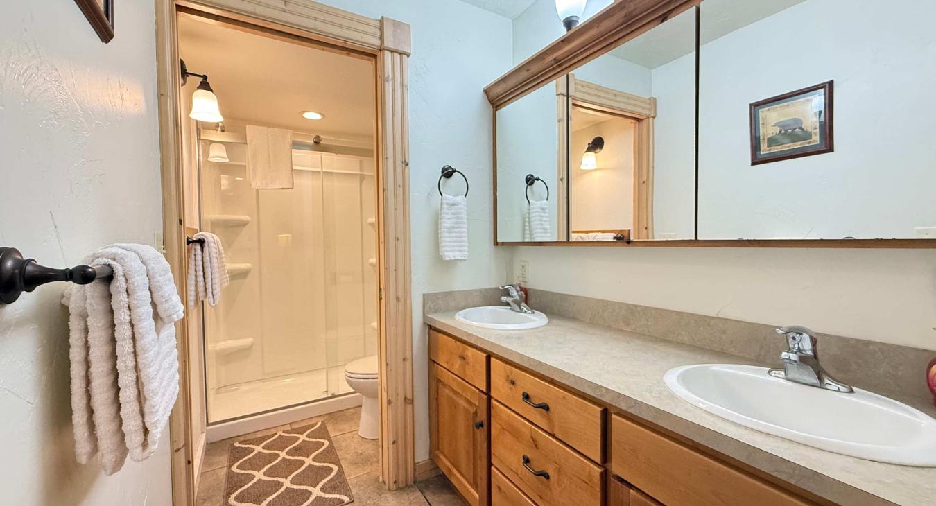 Shared basement bathroom with shower/tub, toilet, and sink vanity.