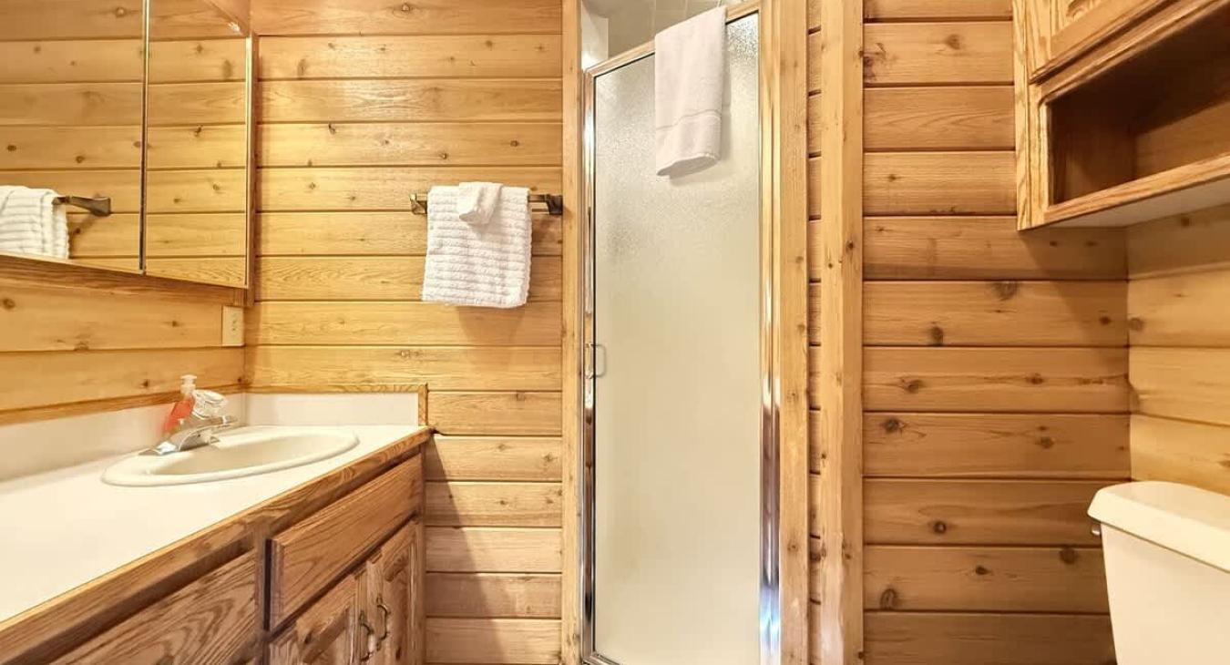 Ensuite bathroom with steam shower, sink, toilet, and storage.