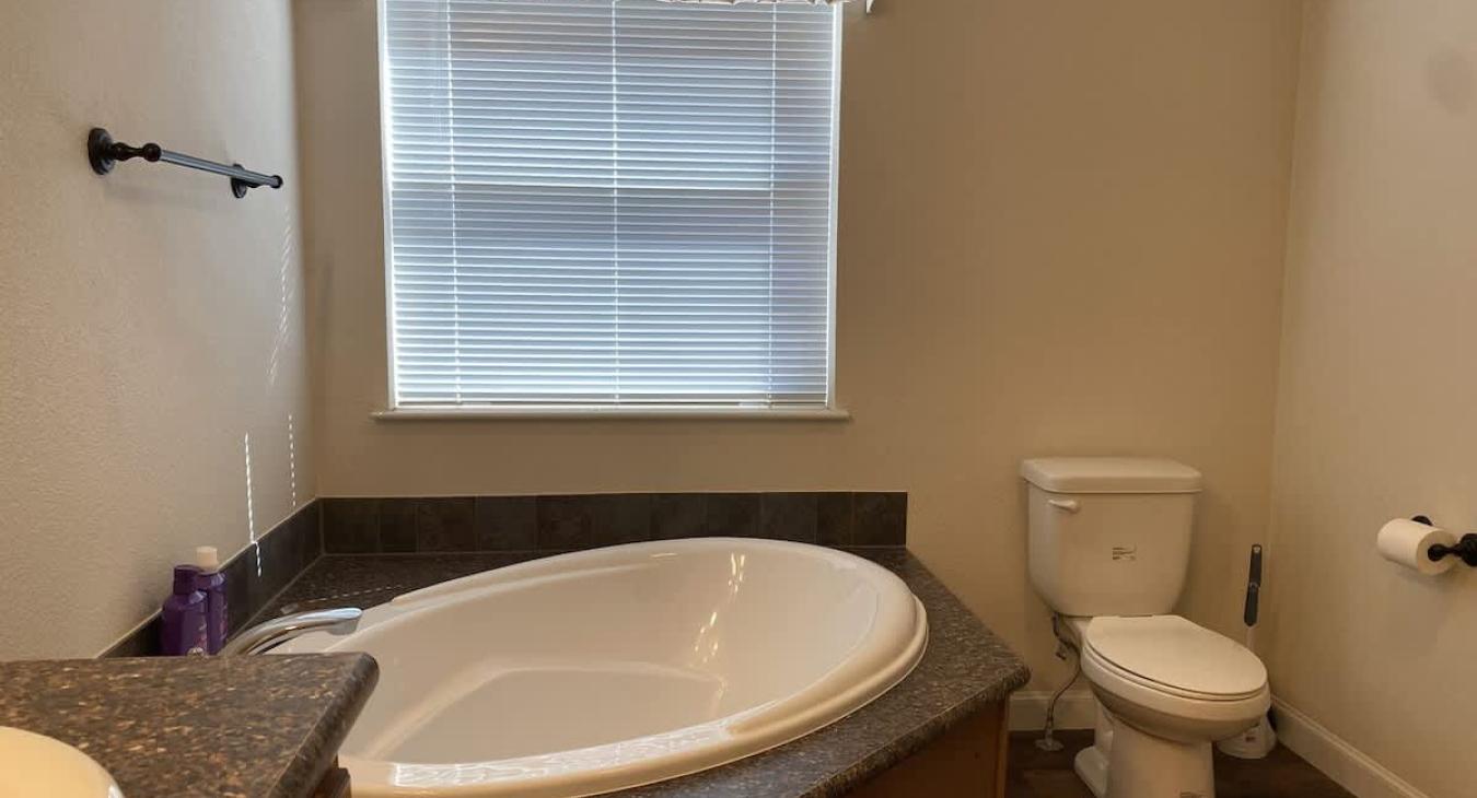 Master bathroom with soaking tub, standing shower, toilet, and double sink vanity.